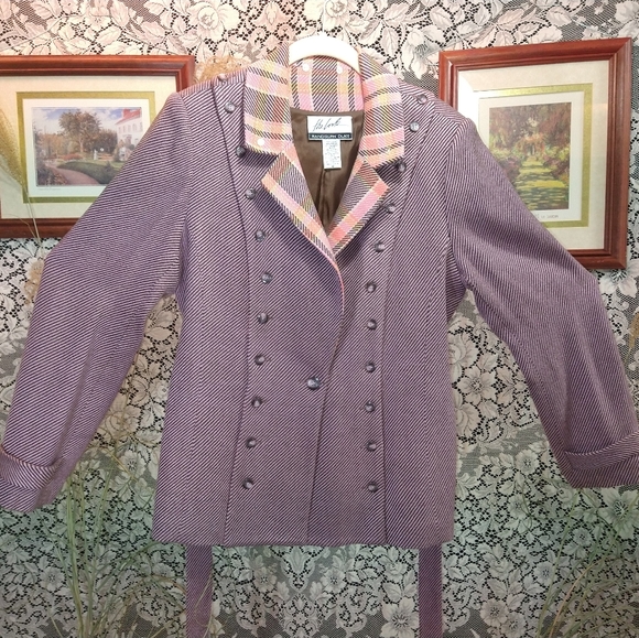 Randolph Duke Jackets & Blazers - Randolph Duke pink brown pea coat plaid collar with belt and shoulder pads